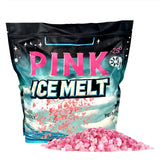 Pink Ice Melt black resealable bag with pink rock salt crystals pile, rated to -25°, pet-safe and nature-friendly