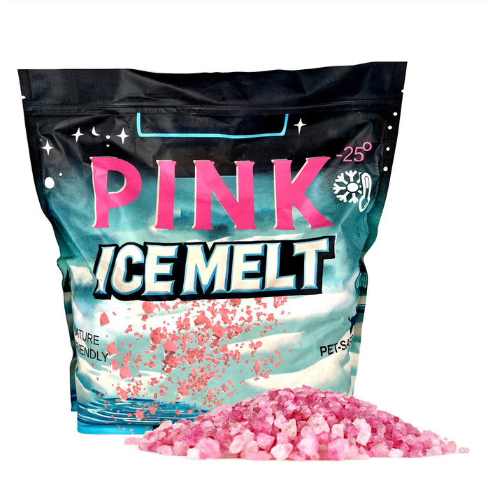 Pink Ice Melt black resealable bag with pink rock salt crystals pile, rated to -25°, pet-safe and nature-friendly