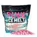 Pink Ice Melt black resealable bag with pink rock salt crystals pile, rated to -25°, pet-safe and nature-friendly