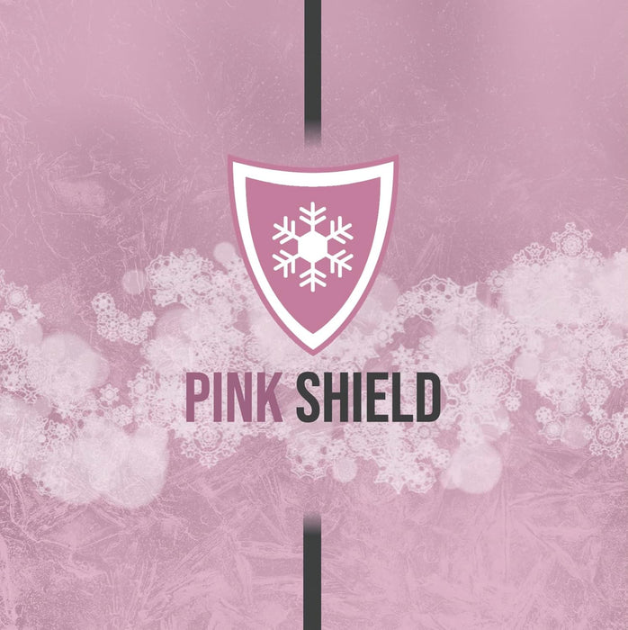 Pink Shield ice melt graphic highlighting eco-friendly, non-corrosive formula safe for plants and paved surfaces