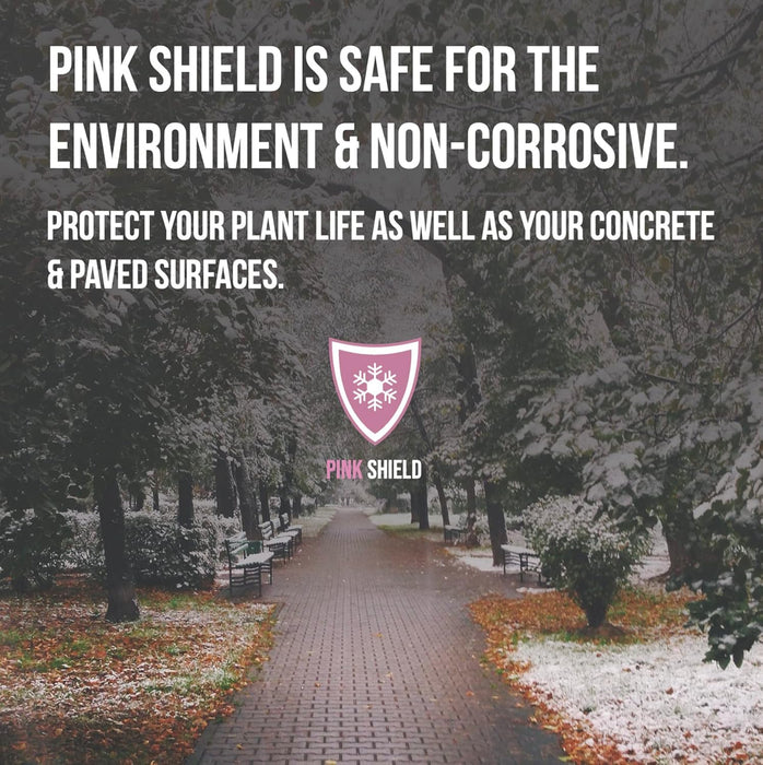 Pink Shield ice melt promotional graphic highlighting eco-friendly, non-corrosive formula safe for plants and paved surfaces