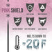 Pink Shield ice melt infographic, fast acting, non-corrosive, nature friendly, safe for humans and pets, melts to -20F