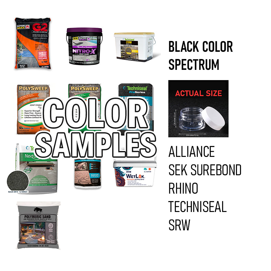 Black color spectrum polymeric sand samples from Alliance, SEK Surebond, Rhino, Techniseal, and SRW in small clear containers