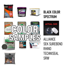 Black color spectrum polymeric sand samples from Alliance, SEK Surebond, Rhino, Techniseal, and SRW in small clear containers