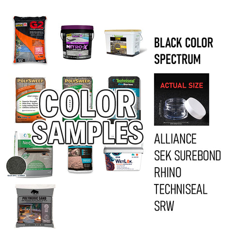 Black color spectrum polymeric sand samples from Alliance, SEK Surebond, Rhino, Techniseal, and SRW in small clear containers