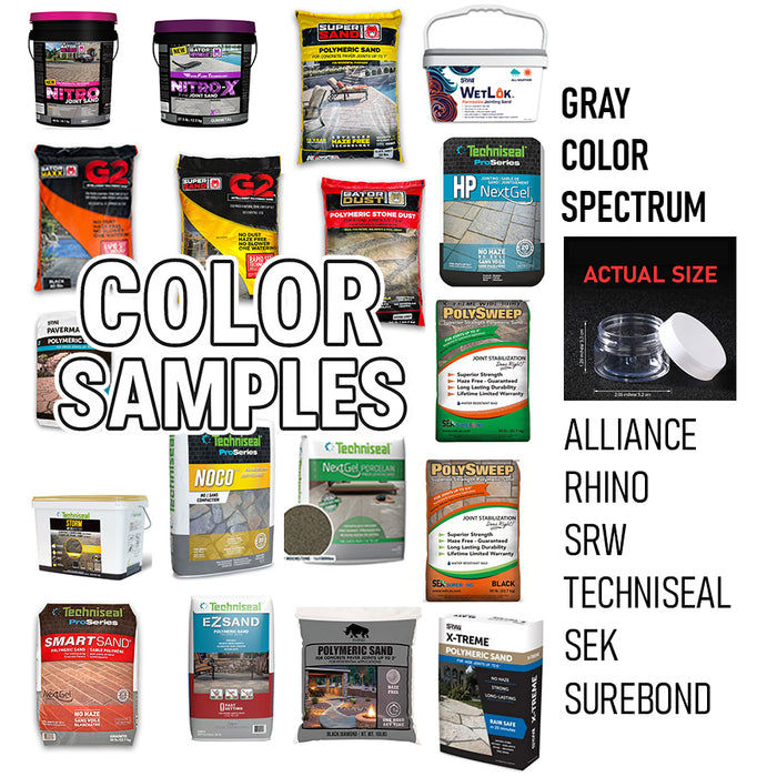 Polymeric sand color sample containers and bags from Alliance, Rhino, SRW, Techniseal, SEK, Surebond in gray tones