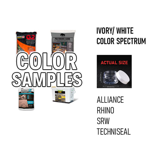 Polymeric sand color samples in ivory and white from Alliance, Rhino, SRW, and Techniseal brands with small clear sample jar