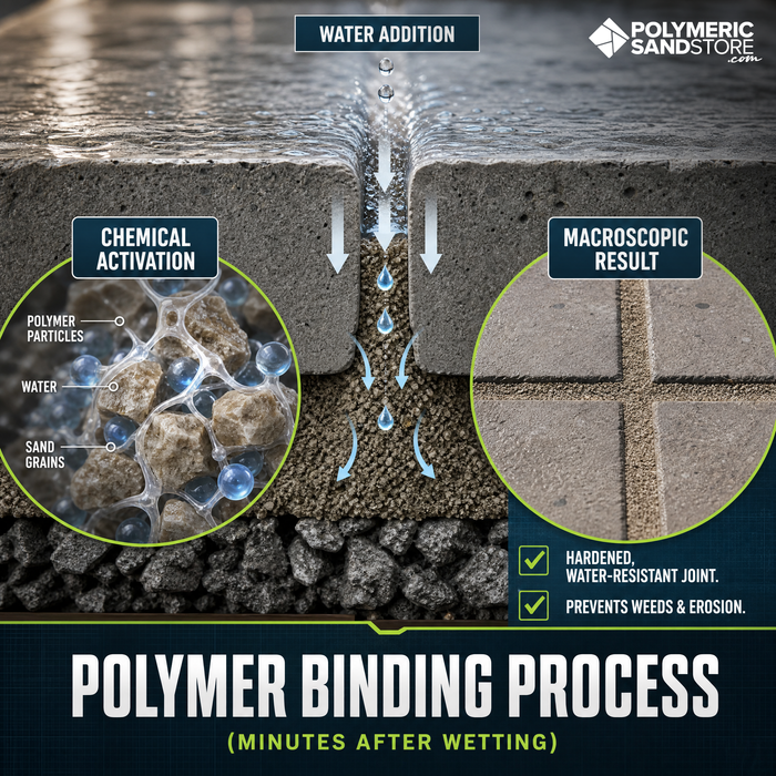 Polymeric sand cross section – polymer particles bind sand grains with water in paver joint, hardened weed resistant result