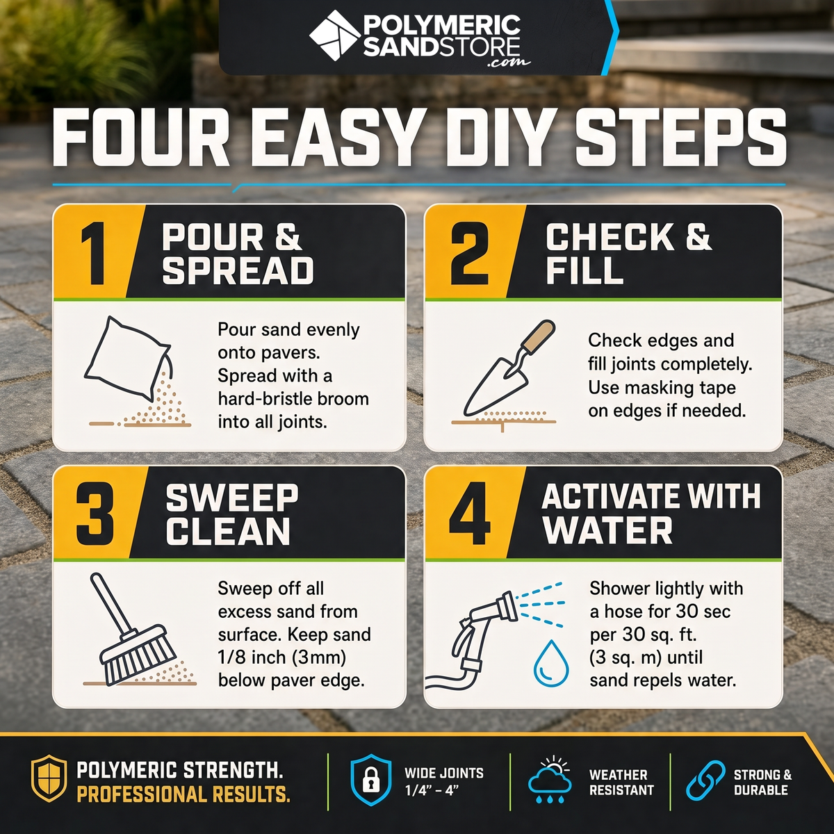 Polymeric sand installation steps for wide joints 1/4 to 4 inch – pour, check and fill, sweep, water activation guide