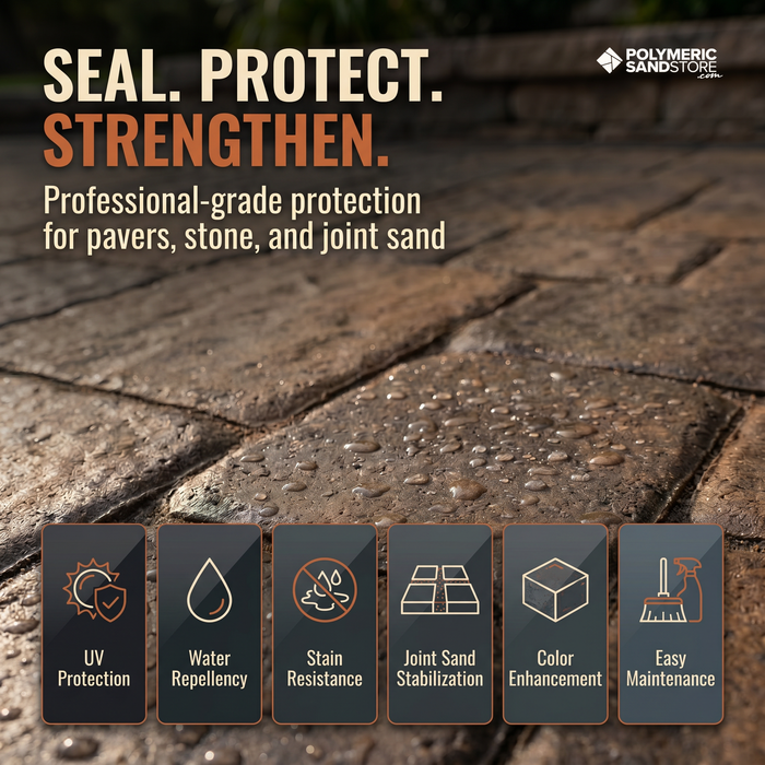 Polymeric Sand Store paver sealer with UV protection, water repellency, stain resistance, and joint sand stabilization