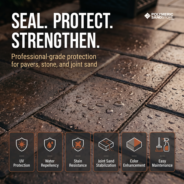 Polymeric Sand Store paver sealer ad showing wet dark stone pavers with water beading and six feature icons