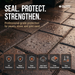Polymeric Sand Store paver sealer ad showing wet dark stone pavers with water beading and six feature icons