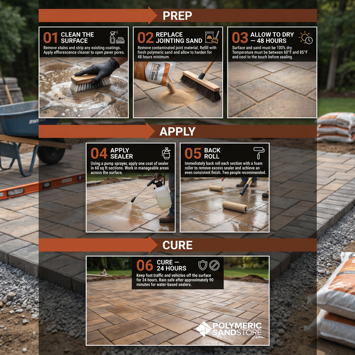 Polymeric Sand Store 6-step paver sealing infographic showing clean, sand, dry, apply sealer, back roll, and cure stages