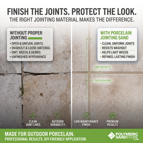 Outdoor porcelain paver joints unfilled vs finished with porcelain jointing sand – clean uniform joints, resists washout