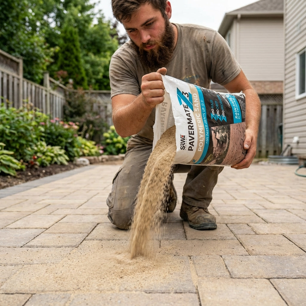 SRW Pavermate Z3 polymeric sand onto concrete paver patio joints – tan jointing sand DIY application