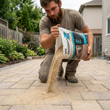 SRW Pavermate Z3 polymeric sand onto concrete paver patio joints – tan jointing sand DIY application