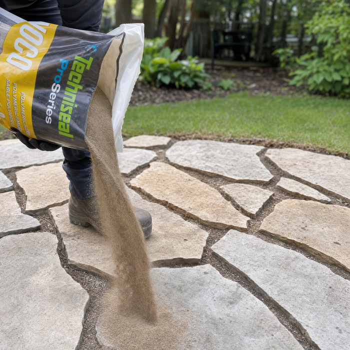 Pouring Techniseal NOCO polymeric sand into flagstone patio joints – no compaction jointing sand for natural stone