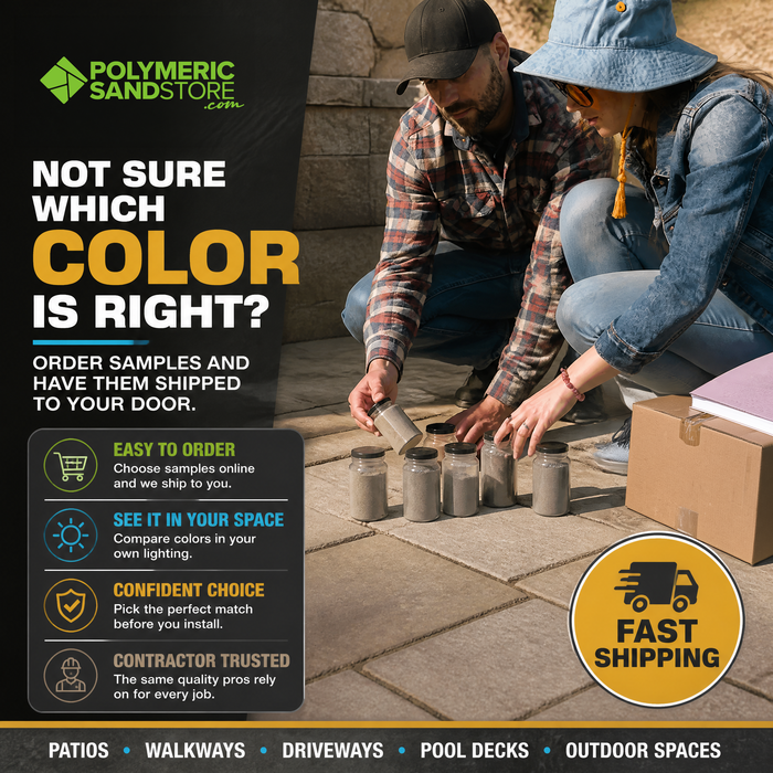 Homeowners lining up polymeric sand sample jars on paver patio – compare sand colors in your own lighting, fast shipping