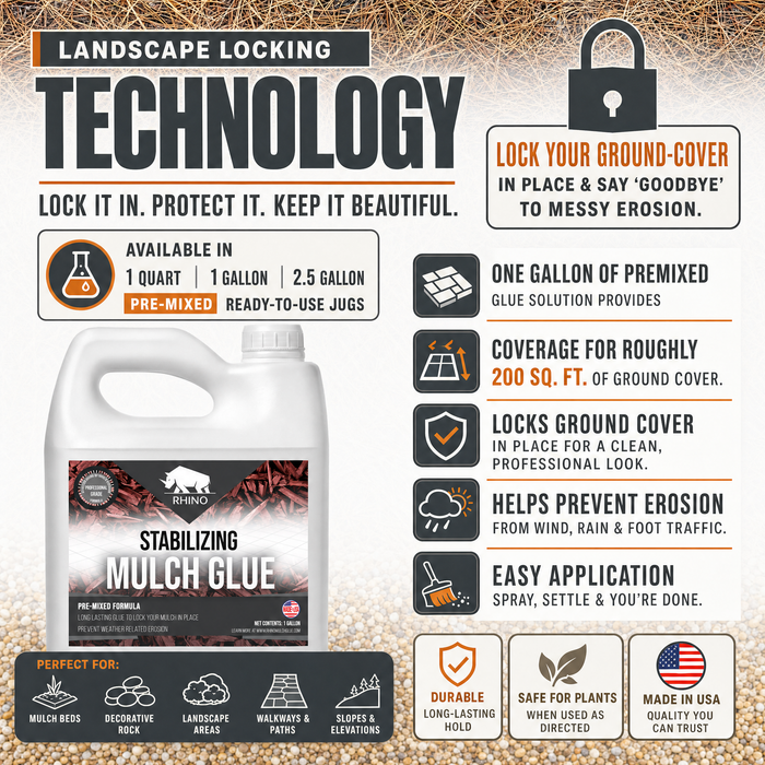 Rhino Stabilizing Mulch & Stone Glue for Landscaping Pea Gravel, Rubber Mulch, and Straw Binder