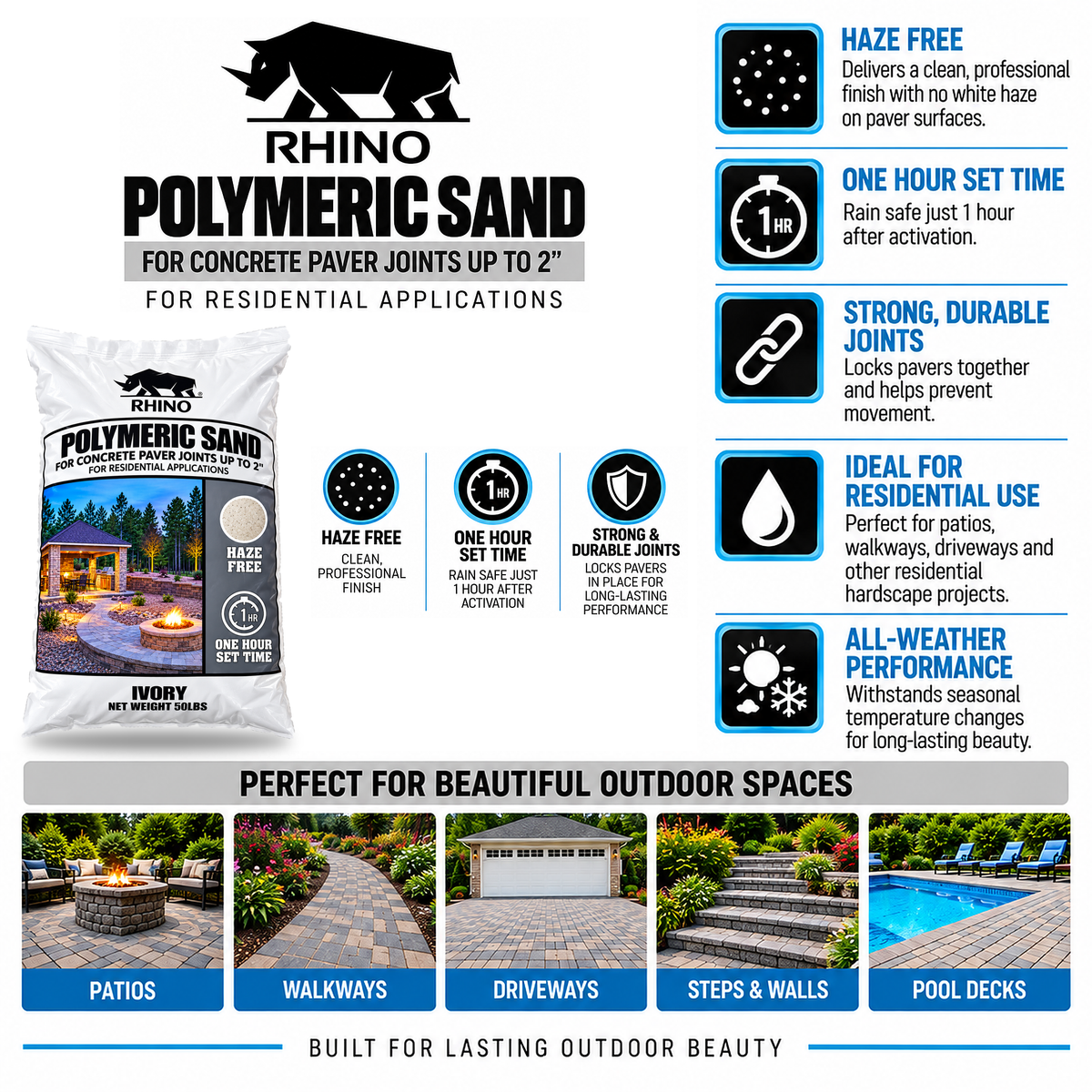 Rhino Power Bond Plus Polymeric Sand, Joints to 2 in, 10 to 50 lb