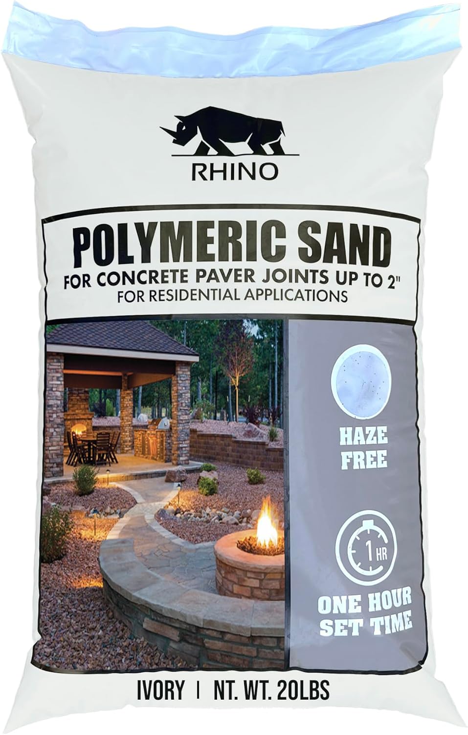 Rhino Ivory polymeric sand 20 lb bag actual product photo, haze free one hour set jointing sand for concrete pavers