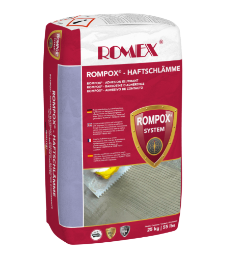 Romex Rompox Haftschlämme adhesion slurry in a 25 kg red and gray paper bag with shield logo