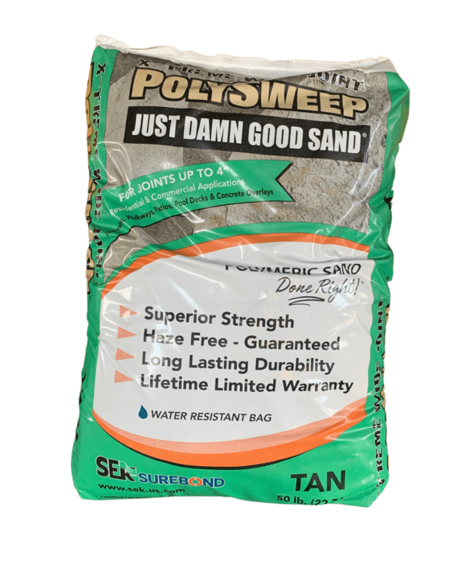 SEK PolySweep XTreme wide joint polymeric sand 50 lb Tan actual bag photo, haze free paver sand for joints up to 4 inches
