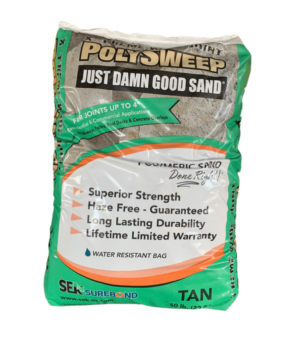 SEK PolySweep XTreme wide joint polymeric sand 50 lb Tan actual bag photo, haze free paver sand for joints up to 4 inches
