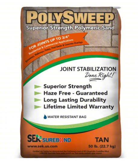 SEK Surebond PolySweep polymeric sand 50 lb Tan, haze free superior strength joint sand for narrow joints up to 3/4 inch