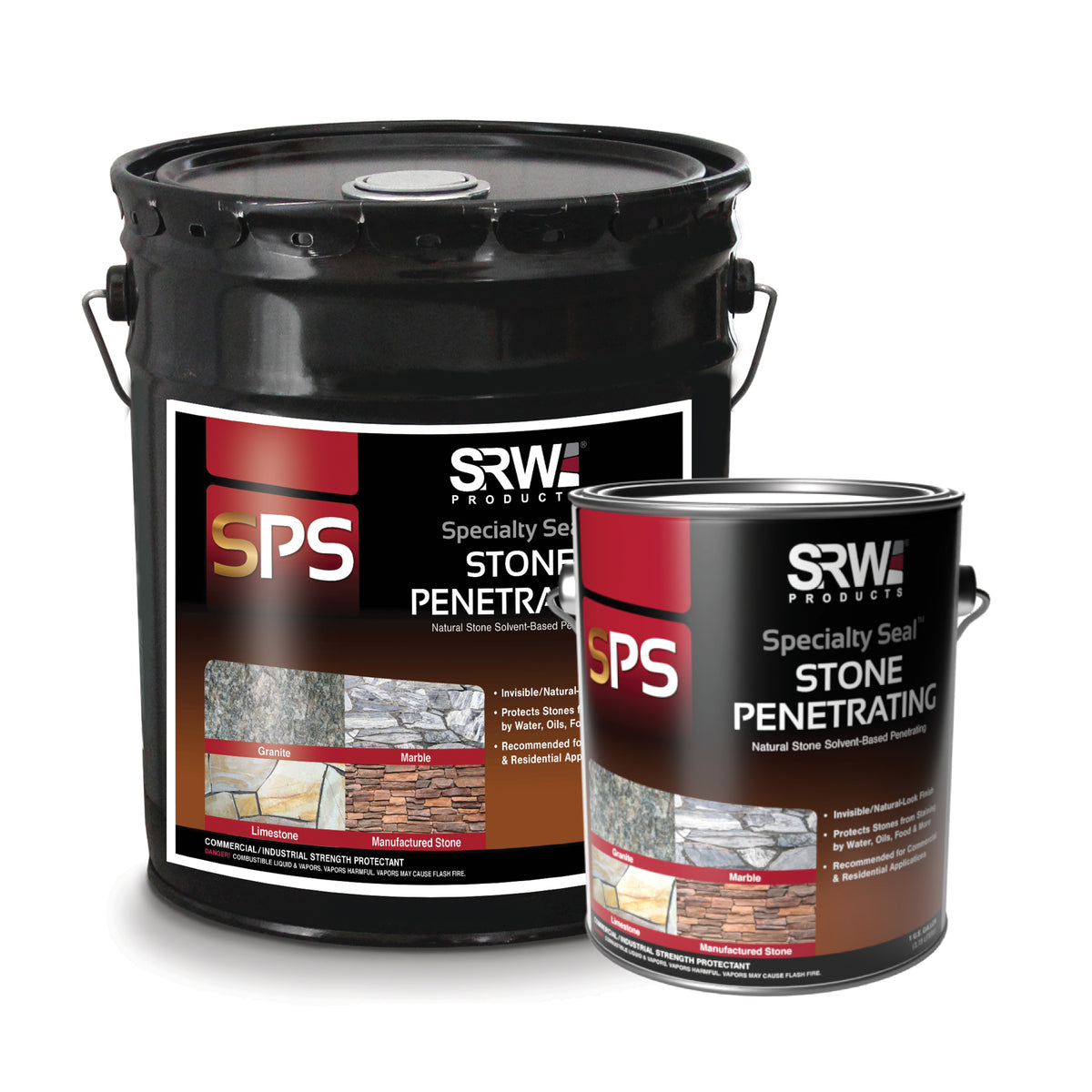 SRW Products S-PS Penetrating specialty seal shown as a black 5 gallon pail and 1 gallon can with natural stone photos on the labels, solvent based invisible natural look penetrating sealer for natural stone and wetcast surfaces