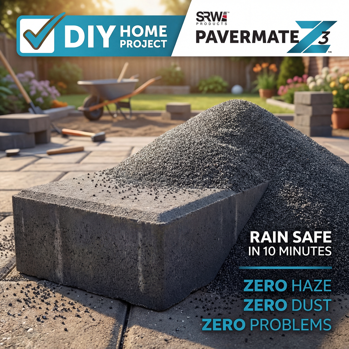 SRW Pavermate Z3 black polymeric sand piled on paver – rain safe in 10 minutes, zero haze zero dust DIY paver joint sand