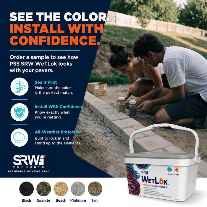 SRW WetLok permeable jointing sand colors – Black, Granite, Beach, Platinum and Tan swatches, order a sample to see first