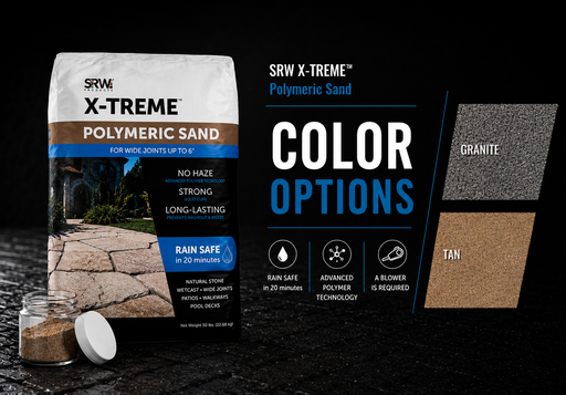 SRW X-Treme Polymeric Sand 50 lb bag with color swatches in Granite and Tan, rain safe in 20 minutes