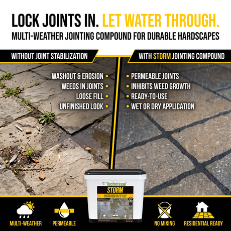 Paver joints with washout and weeds vs stabilized permeable joints in rain – STORM jointing compound wet or dry install