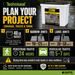 STORM jointing compound coverage chart – 40 lb bucket covers 90-125 sq ft narrow joints, 30-50 sq ft large, cure times shown