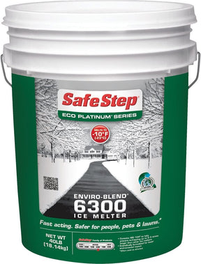 Safe Step Eco Platinum Enviro-Blend 6300 Ice Melter in a 40 lb white plastic bucket with green label