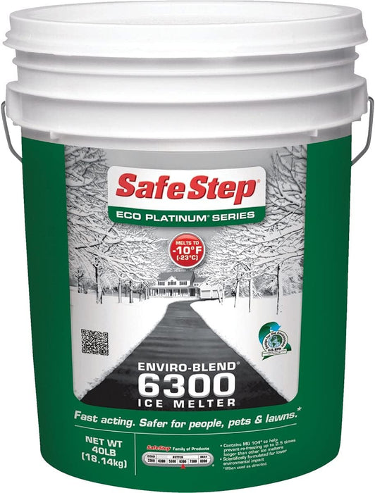 Safe Step Eco Platinum Enviro-Blend 6300 Ice Melter in a 40 lb white plastic bucket with green label