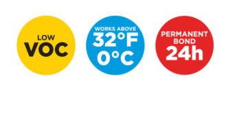 Product badges: low VOC, works above 32 F, permanent bond in 24 hours