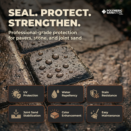 Polymeric Sand Store paver sealer graphic headlined Seal Protect Strengthen with water beading on a wet paver and six benefit tiles for UV protection, water repellency, stain resistance, joint sand stabilization, color enhancement and easy maintenance