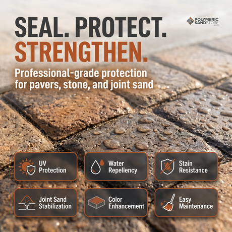 Polymeric Sand Store paver sealer showing wet brick pavers with UV protection, water repellency, and stain resistance