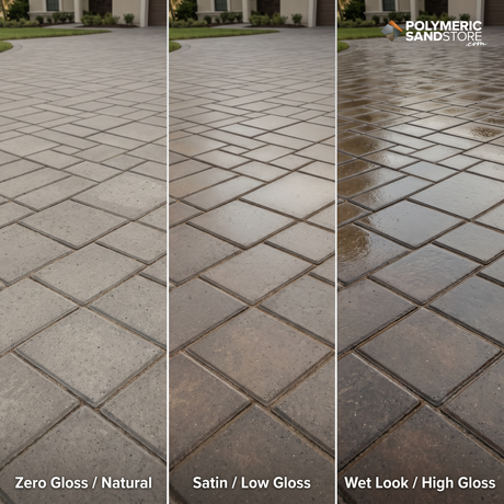 Polymeric Sand Store comparison, zero gloss/natural, satin/low gloss, wet look/high gloss