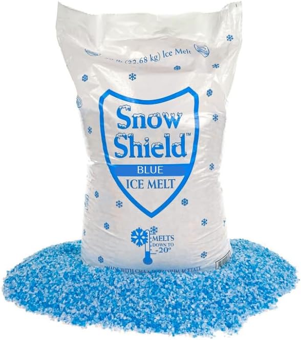 Snow Shield Blue Ice Melt 50 lb white bag with green granules poured out, melts down to -20 degrees