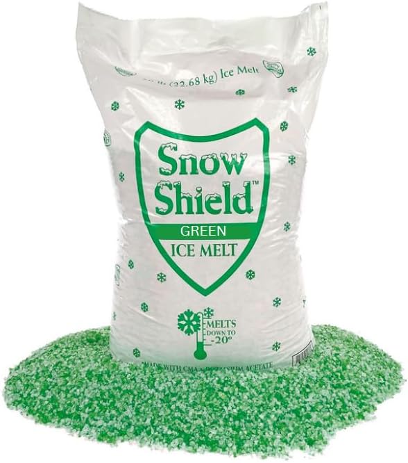 Snow Shield Green Ice Melt 50 lb white bag with green granules poured out, melts down to -20 degrees
