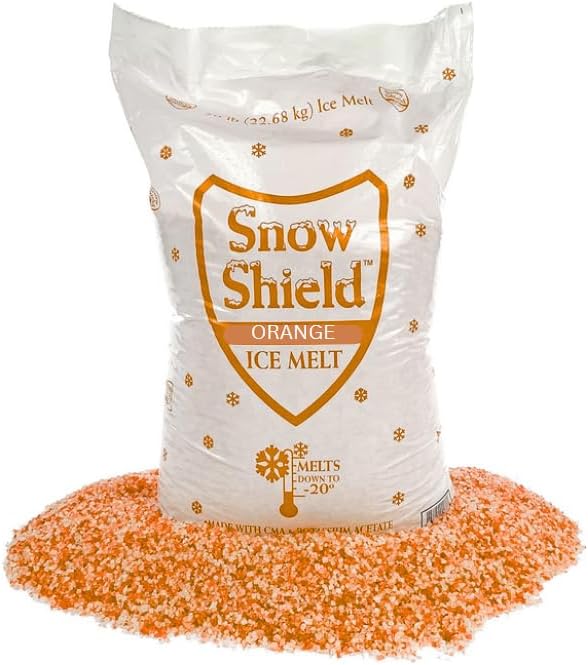 Snow Shield Orange Ice Melt 50 lb white bag with green granules poured out, melts down to -20 degrees
