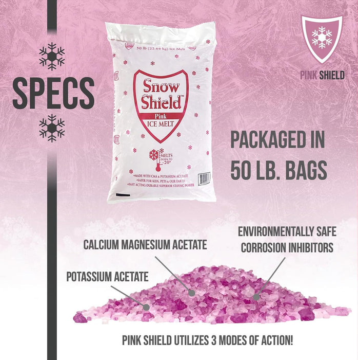 Snow Shield Pink Ice Melt 50 lb bag with pink crystallized granules, made with CMA and potassium acetate, melts to -20°F