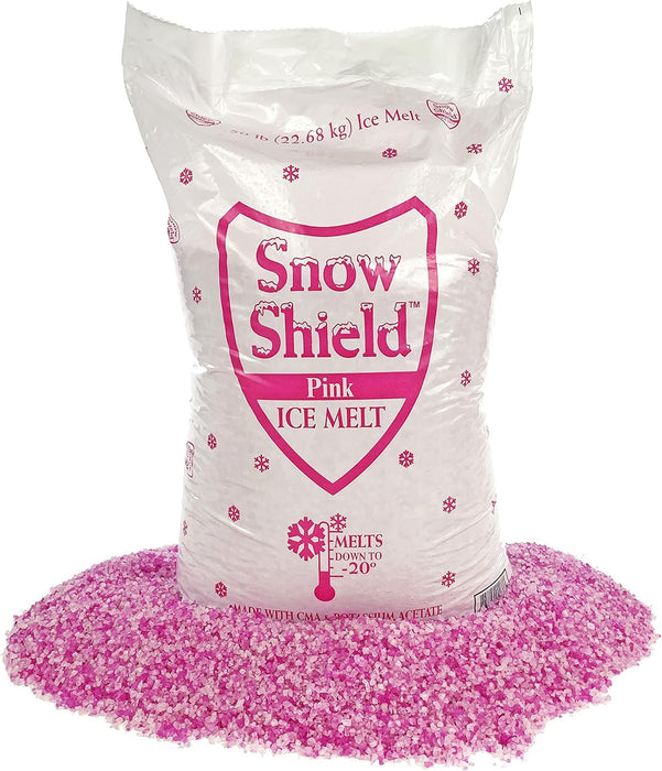 Snow Shield Pink Ice Melt 50 lb bag with pink granules, melts down to -20°F, made with CMA and potassium acetate