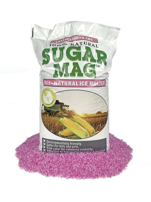 Sugar Mag 100% Natural Ice Melter bag with pink granules, enhanced with CMA, safer for kids and pets