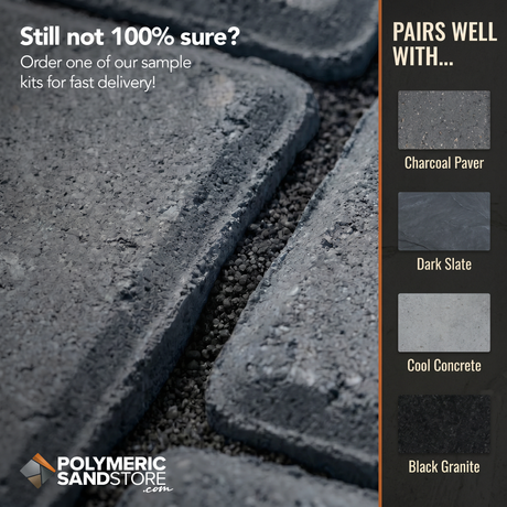 Black polymeric sand for dark pavers – black jointing sand matched with charcoal pavers, slate, concrete, black granite