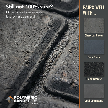 Best polymeric sand color for grey pavers – dark grey jointing sand closeup matched with charcoal slate granite limestone