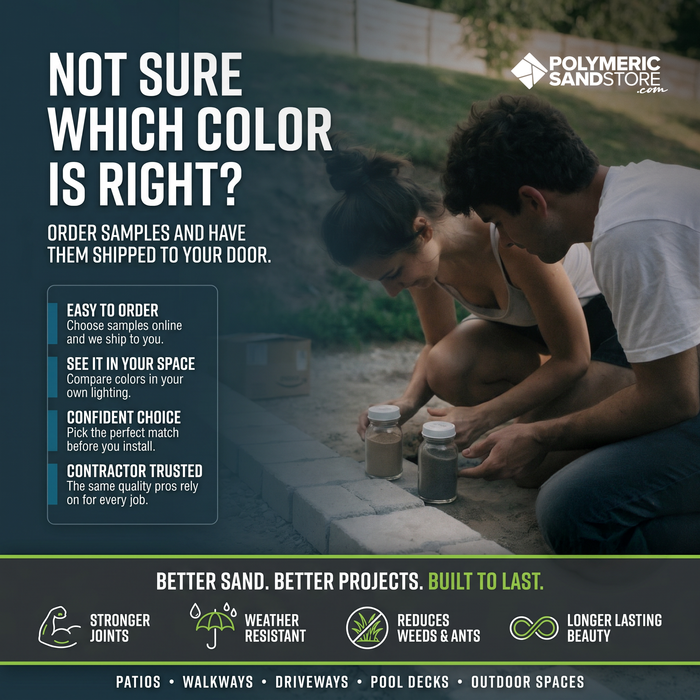 Couple comparing two polymeric sand sample jars during paver installation – pick your sand color before you install